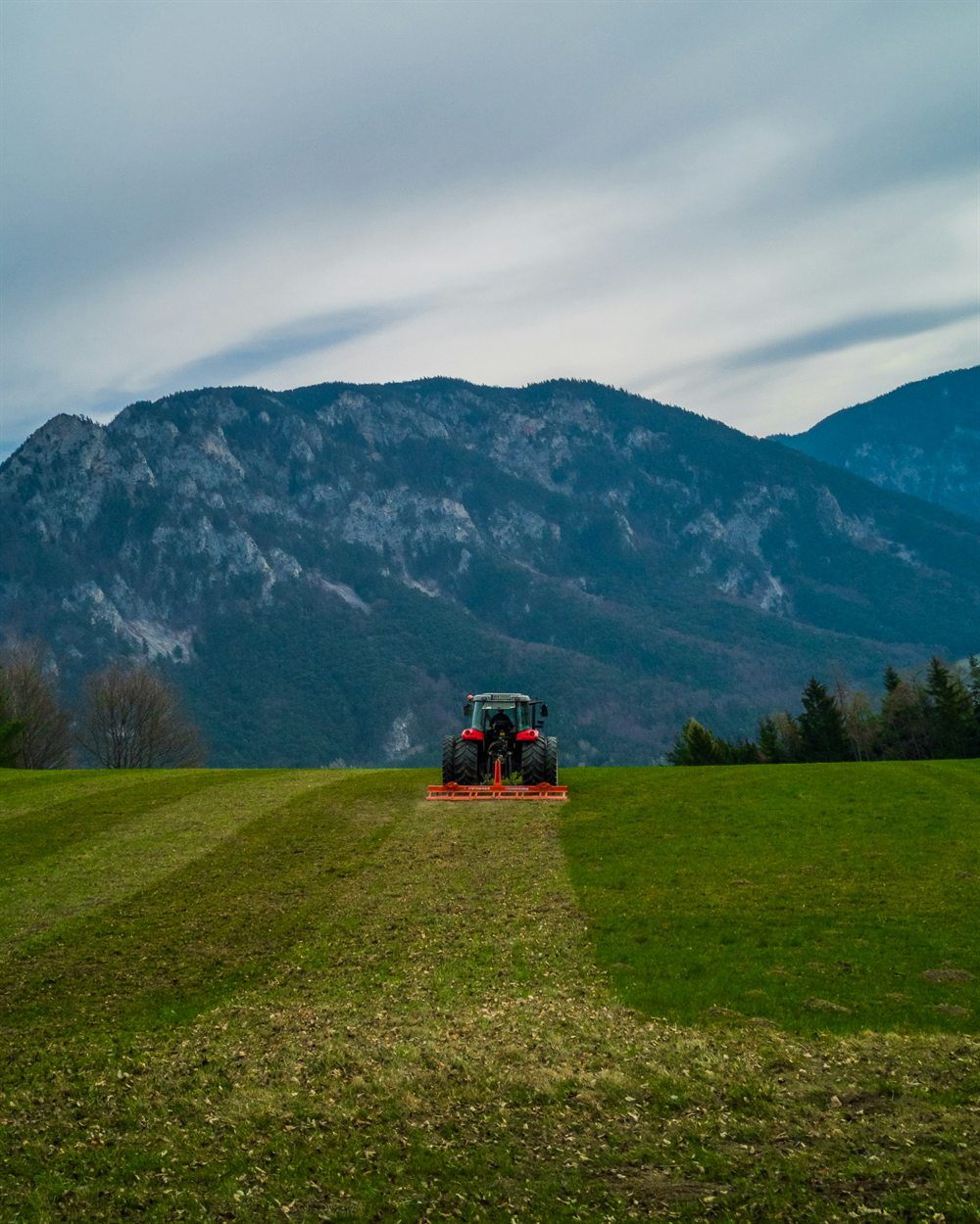 Traktor bei der Bewirtschaftung einer landwirtschaftlichen Fläche vor bewaldeter Berglandschaft.